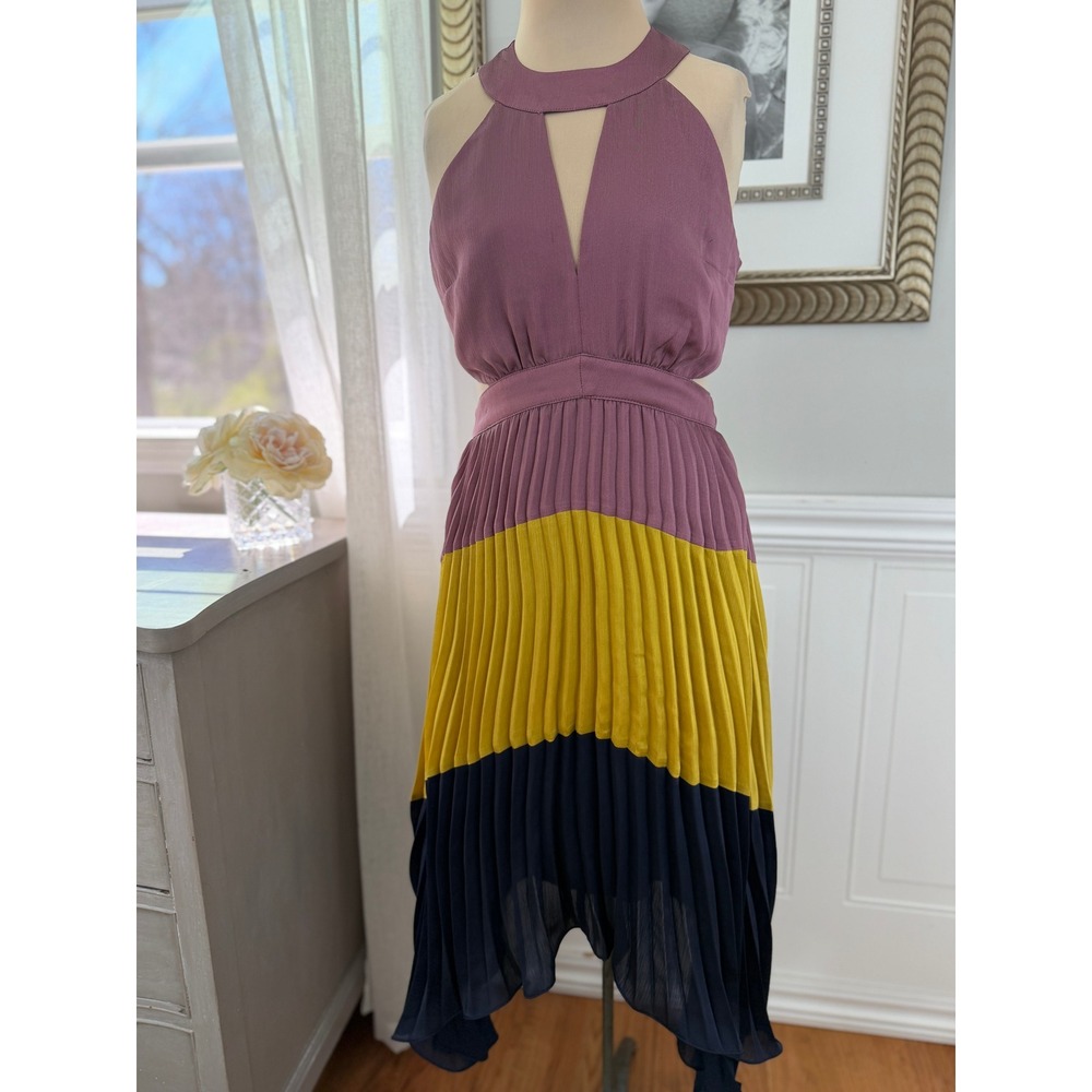Harlyn Pleated Cutout Midi Dress Colorblock Wedding Guest Art Deco Mauve S